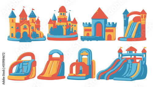 Cartoon Vector Illustrations of Inflatable Castles and Slides for Kids