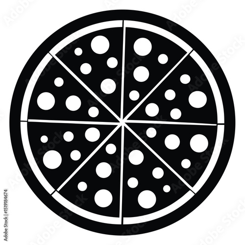 A black and white illustration of a pizza with eight slices and various toppings from a top-down viewpoint