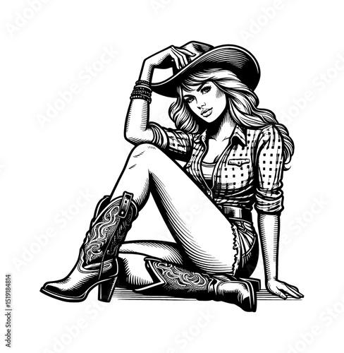 Black and white drawing of a Caucasian woman in a cowboy hat and boots sitting