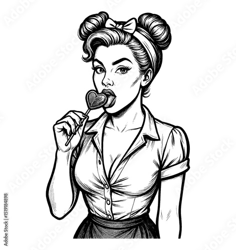 Beautiful Caucasian Woman Enjoying Heart Lollipop with Playful Pinup Style in Detailed Black and White