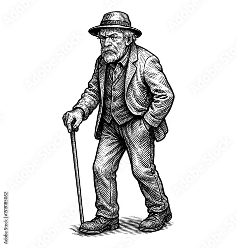 Illustration of Old Man in Suit with Cane Walking with Serious Expression