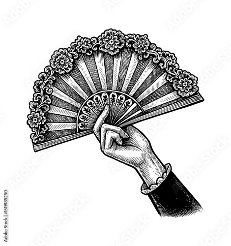 Hand Holding an Ornate Folding Fan with Floral Details in Detailed Black and White Engraving