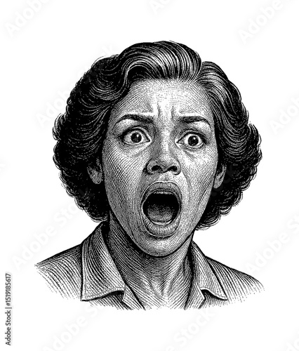 Shocked Woman with Open Mouth and Wide Eyes Detailed Engraving Style Black and White Drawing