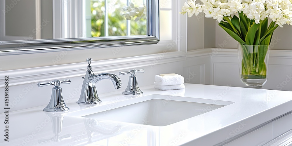 Fototapeta premium silver faucet in white bathroom close up