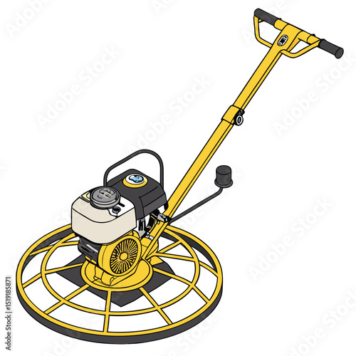 A yellow power trowel machine for concrete finishing on a construction site, viewed from an isometric perspective