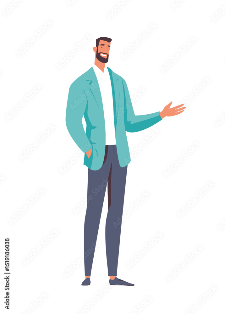 Smiling Mature Man in Stylish Suit, Welcoming Gesture Smiling Mature Man in Stylish Suit, Welcoming Gesture