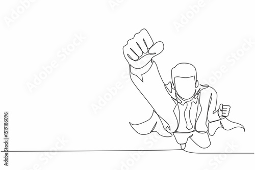 Single continuous line drawing superhero businessman wearing cape. Manager leader flying up with stretched arm clenched fist. Super businessman fly forward. One line draw design vector illustration