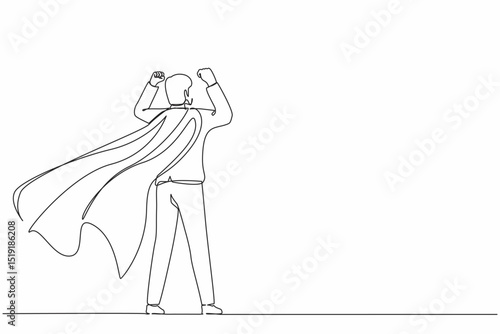 Single continuous line drawing back view super businessman. Man in strong base and suit. Success and victory in business. Superhero in cloak. Dynamic one line draw graphic design vector illustration