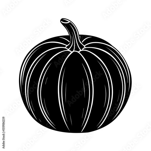 Black and white illustration of a plump pumpkin ideal for autumn and thanksgiving designs