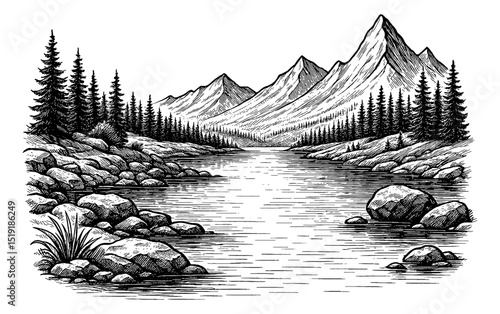 Monochrome Engraving Style Landscape with Mountains, River, Trees and Rocks
