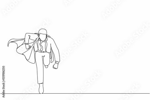 Single one line drawing running business hero. Businessman in cape superhero actions running. Professional working powerful superheroes. Success, leadership. Continuous line draw design graphic vector