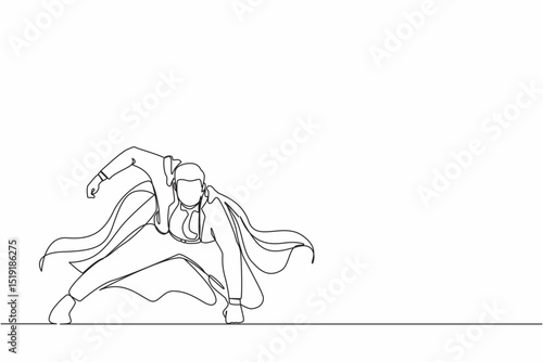 Continuous one line drawing young businessman with superhero mantle in landing powerful action. Office worker ready to fight for career achievement. Single line draw design vector graphic illustration