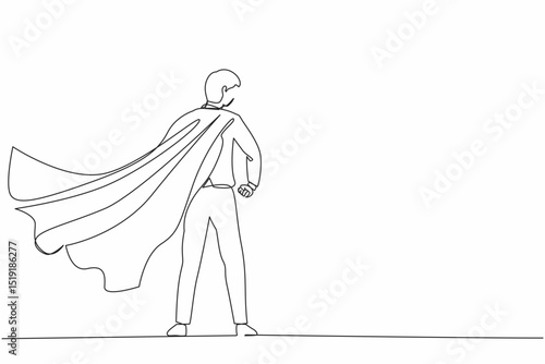 Single continuous line drawing superhero in cloak flutters in the wind. Stands with his back. Successful businessman hero. Business success, leadership and victory. One line draw graphic design vector