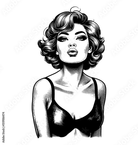 Vintage Pinup Woman with Curly Hair and Black Bra, Pouting Lips, Black and White Illustration