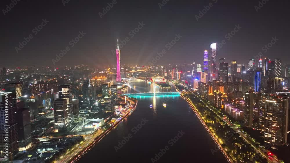 Night lights over Guangzhou and Hunter Bridge cityscape Night lights over Guangzhou and Hunter Bridge cityscape
