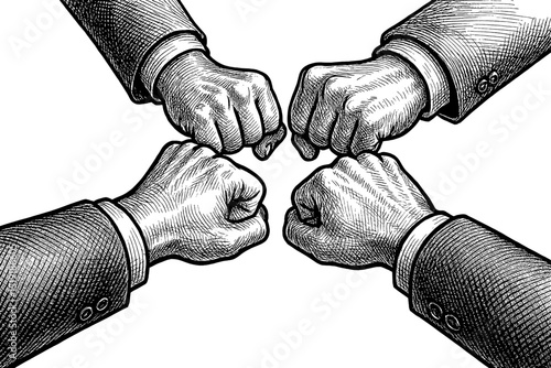 Four Fists Bumping Together in Unity and Collaboration Illustration in Black and White