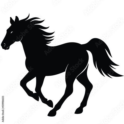A black horse running freely in an open field, captured in a dynamic illustration from a side viewpoint.