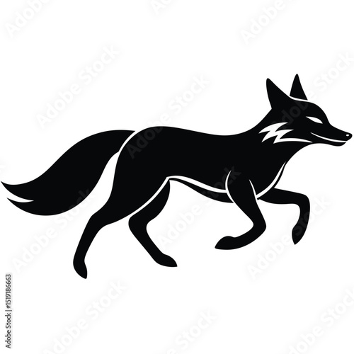 A black fox running swiftly through a natural landscape, illustrated in a simple graphic style from a side viewpoint.