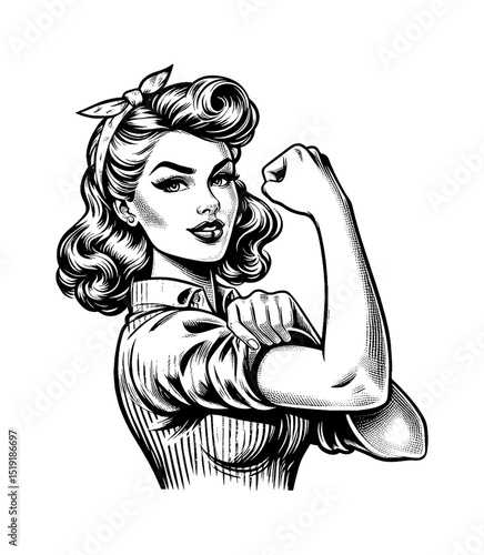 Illustration of Confident Caucasian Woman in Classic Pinup Style Flexing Arm Muscle with Determination