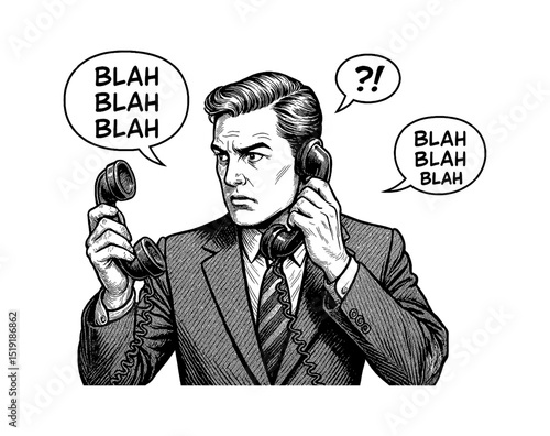 Illustration of a man in suit looking confused while holding two phones and hearing blah blah blah