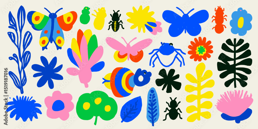 Vibrant Colorful Nature Abstract Shapes Butterflies, Flowers, Insects, and Plants Illustration Vibrant Colorful Nature Abstract Shapes Butterflies, Flowers, Insects, and Plants Illustration