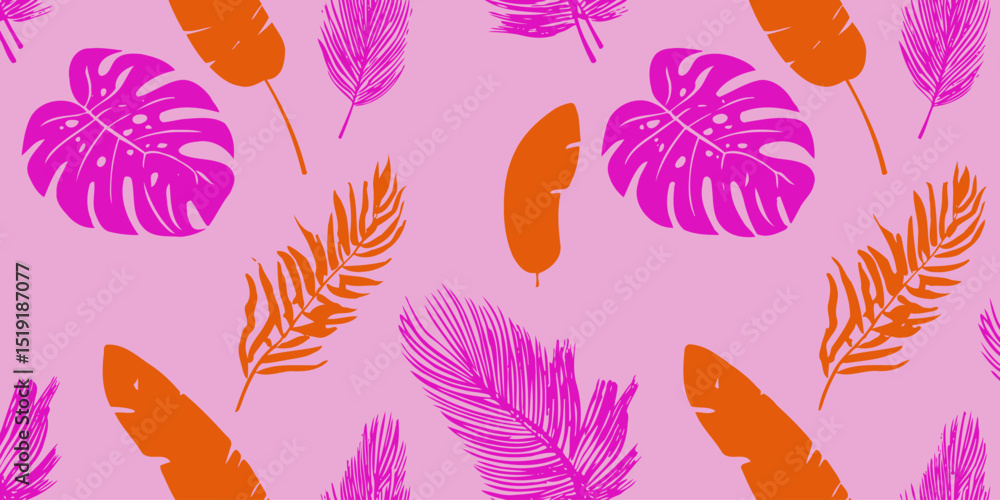 Obraz premium Vibrant Neon Tropical Seamless Pattern Pink and Orange Leaves Design