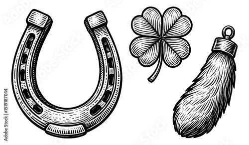 Vintage engraving style illustration with horseshoe, clover and rabbit tail