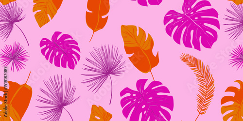 Vibrant Neon Tropical Seamless Pattern Pink, Orange, Purple Leaves