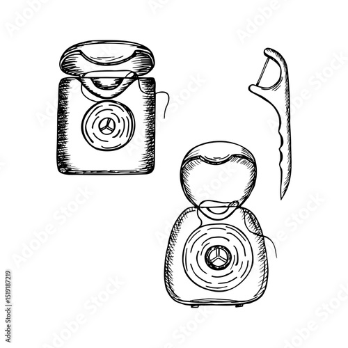 Dental floss - sketch vector line drawing set. Personal oral care, dentistry, and hygiene practices at home. Minimalist doodle outline isolated on a white backdrop