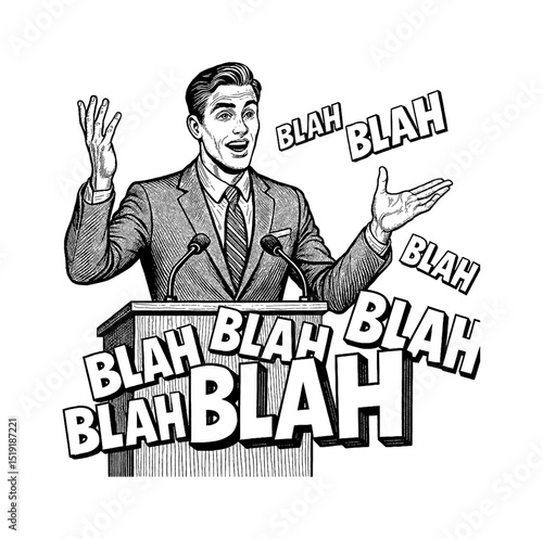 Man in Suit Speaking at Podium Surrounded by Text Blah in Black and White Line Art