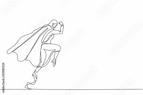 Continuous one line drawing superhero businesswoman parry blow. Female in superwoman costume and mantle standing after fight. Victory, winner concept. Single line design vector graphic illustration