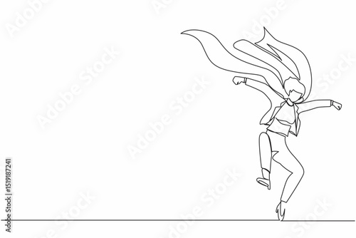 Single continuous line drawing female businesswoman superhero in cloak. Successful superhero landing from the sky. Leadership, challenge goal achievement. Dynamic one line draw graphic design vector