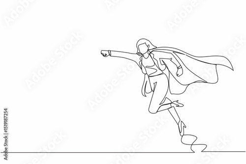 Single one line drawing super businesswoman punches pose, employee superhero flying, business concept power, success and overcome difficulties. Continuous line draw design graphic vector illustration