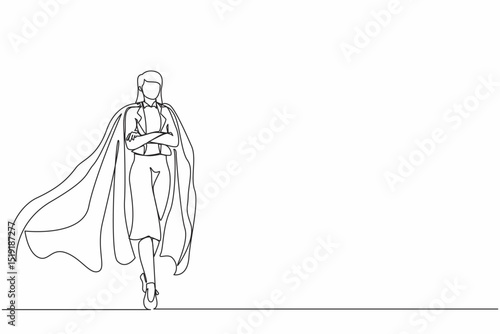 Continuous one line drawing determined young businesswoman or office worker super hero in cloak. The concept of leadership and strength in business. Single line draw design vector graphic illustration
