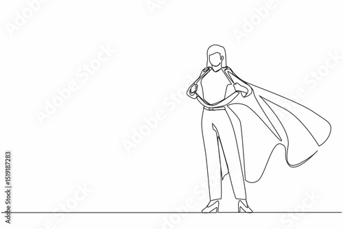 Single continuous line drawing businesswoman revealing her true identity of powerful superhero. Superhero tearing shirt and wearing costume. Dynamic one line draw graphic design vector illustration