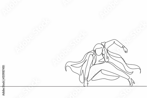 Continuous one line drawing businesswoman with superhero mantle in landing powerful action. Office worker ready to fight for career achievement. Single line draw design vector graphic illustration