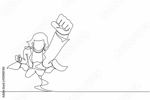 Single one line drawing superhero businesswoman wearing cape. Manager leader flying with stretched arm clenched fist. Super businesswoman fly forward. Continuous line draw design vector illustration