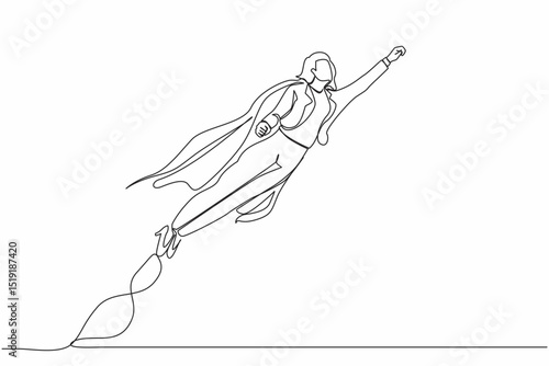 Continuous one line drawing super businesswoman raised fist and flying in the air. Concept superhero of business, financial, growth, career, leader. Single line draw design vector graphic illustration