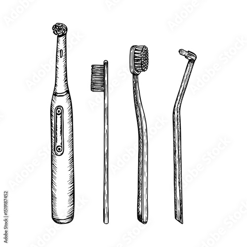 Set of hand-drawn illustration of toothbrushes in sketch style. In-home oral care, dental instruments, and personal health care. Minimalist doodle drawing isolated on a white backdrop