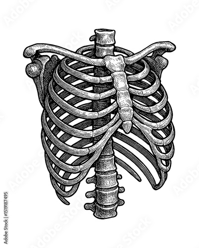 Detailed Vector Illustration of a Human Rib Cage Anatomy Engraving Style