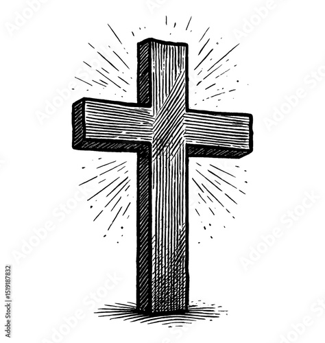 Engraved Illustration of a Simple Cross Symbol with Rays in Black and White