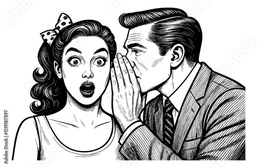 Retro Man Whispering Secret to Surprised Woman with Bow in Hair in Detailed Black and White Line Art Drawing