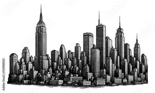 Detailed Black and White Engraving Illustration of New York City Skyline