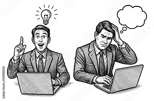 Illustration of businessmen with idea and problem in front of laptop with engraving style