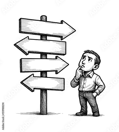 Man standing thinking with sign post in black and white line art illustration with details