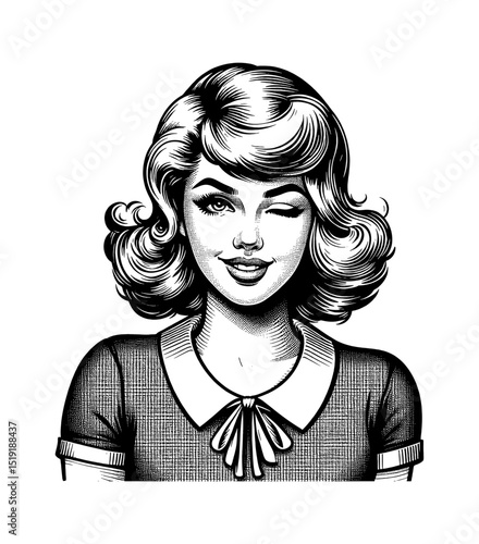 Portrait of a Smiling Caucasian Woman Winking in Black and White Pinup Style Art