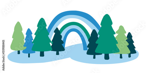 Enchanted Forest Rainbow Over Evergreen Trees Illustration