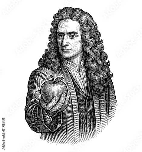 Engraved Portrait of Isaac Newton Holding an Apple in Detailed Black and White Line Art