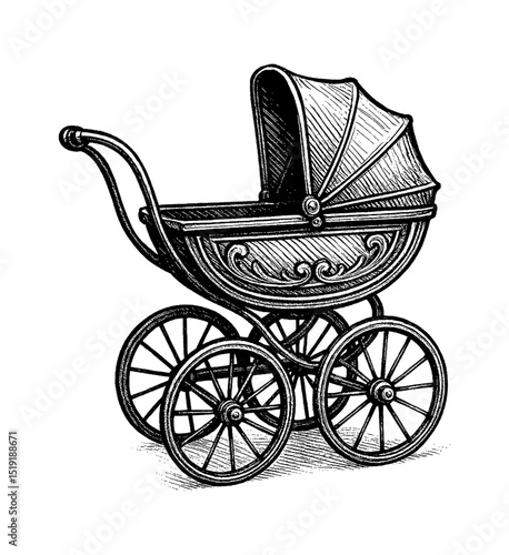 Vintage Baby Carriage Engraving Style Detailed Black and White Illustration Isolated
