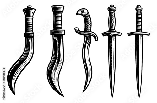 Collection of Medieval Swords and Daggers in Black and White Engraving Style Illustration
